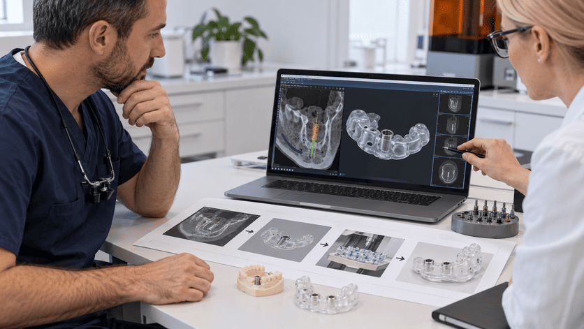 Surgical guide workflow showing planning, design, and fabrication as separate stages that can be managed in-house or outsourced