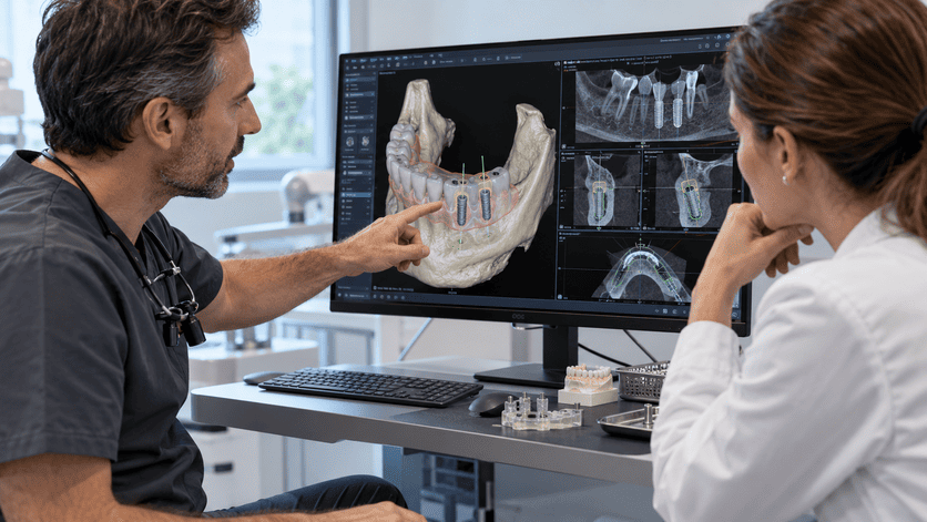 Dental CAD designer creating a surgical guide with implant positions, guide sleeves, and supporting anatomy