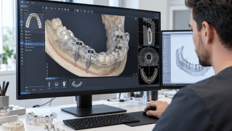 Dental CAD designer working on a surgical guide with implant positions, guide sleeves, and supporting anatomy
