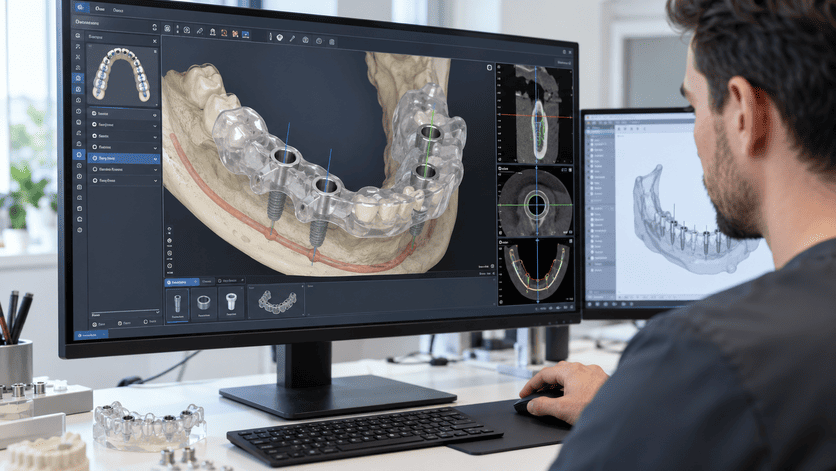 Dental CAD designer working on a surgical guide with implant positions, guide sleeves, and supporting anatomy