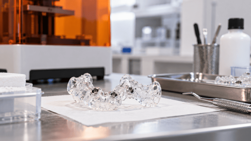 Transparent surgical guides being 3D printed in a dental laboratory as part of an in-house fabrication workflow